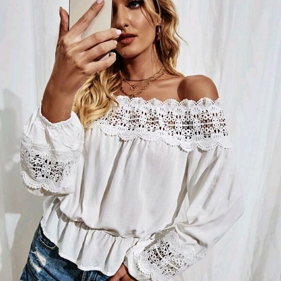 Lace Trim Off Shoulder Peplum Top - Picture 3 of 7
